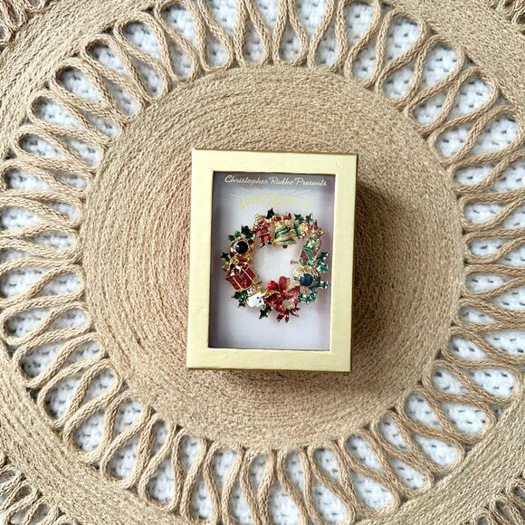 Christopher Radko X Shiny Bright Holiday Christmas Scene Wreath Brooch Pin NIB - Picture 3 of 7